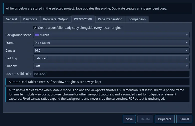 CyberSnapper: Presentation profile settings