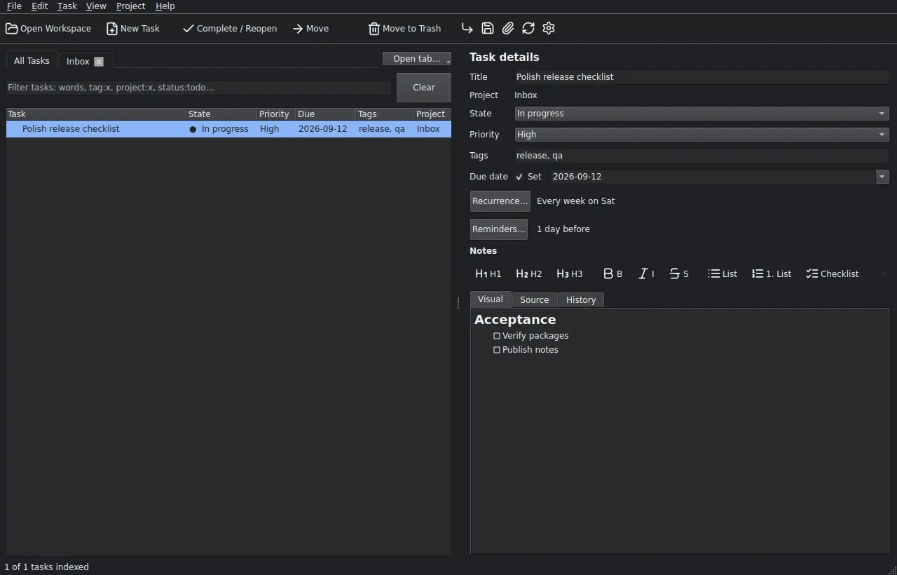 TodoBench in the Dark theme with recurring tasks and a Markdown checklist.