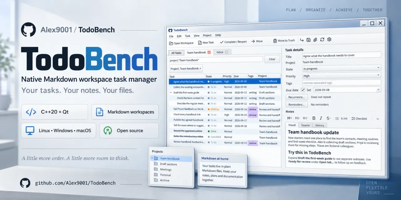 TodoBench promotional artwork showing its native task list, project folders, and Markdown notes for Linux, Windows, and macOS.