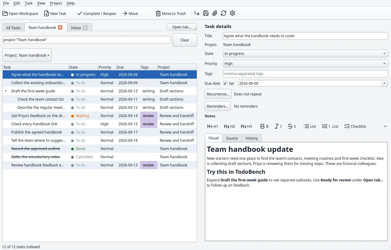 TodoBench Team project sample with nested tasks, priorities, due dates, and the selected task’s Markdown notes.