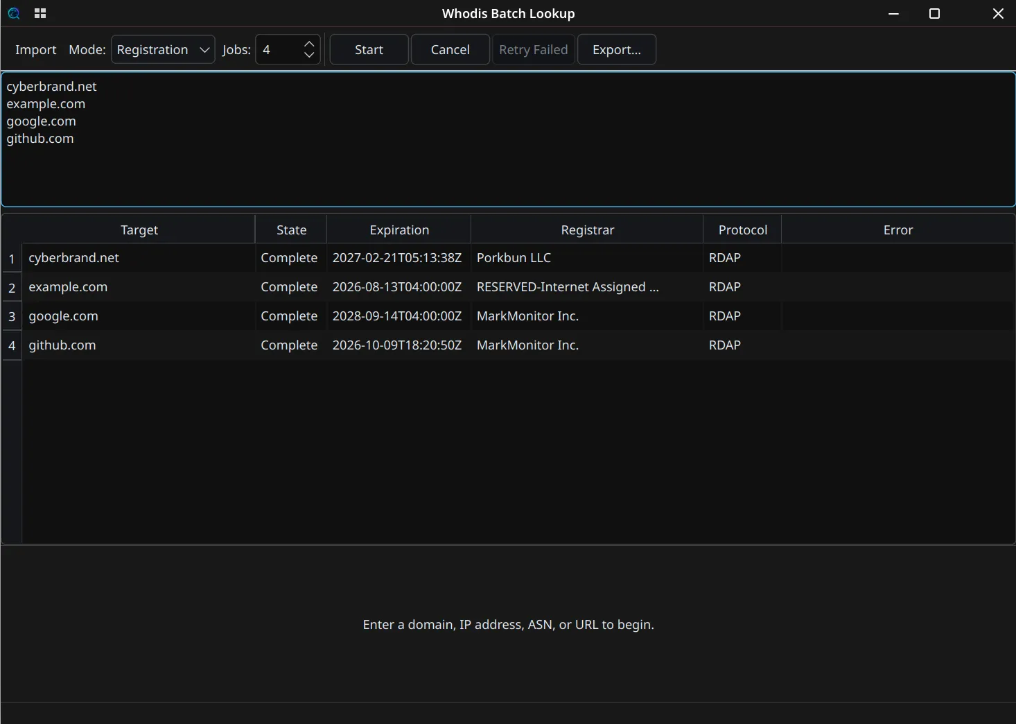 Import targets, run jobs, retry failures, export CSV, TSV, or JSON.