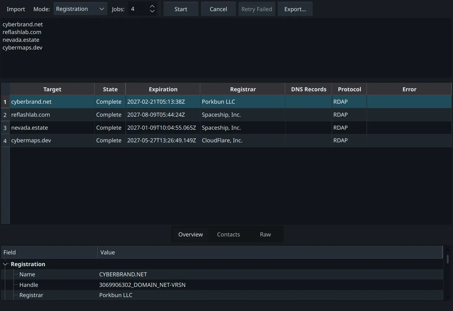 Import targets, run jobs, retry failures, and export CSV, TSV, or JSON.