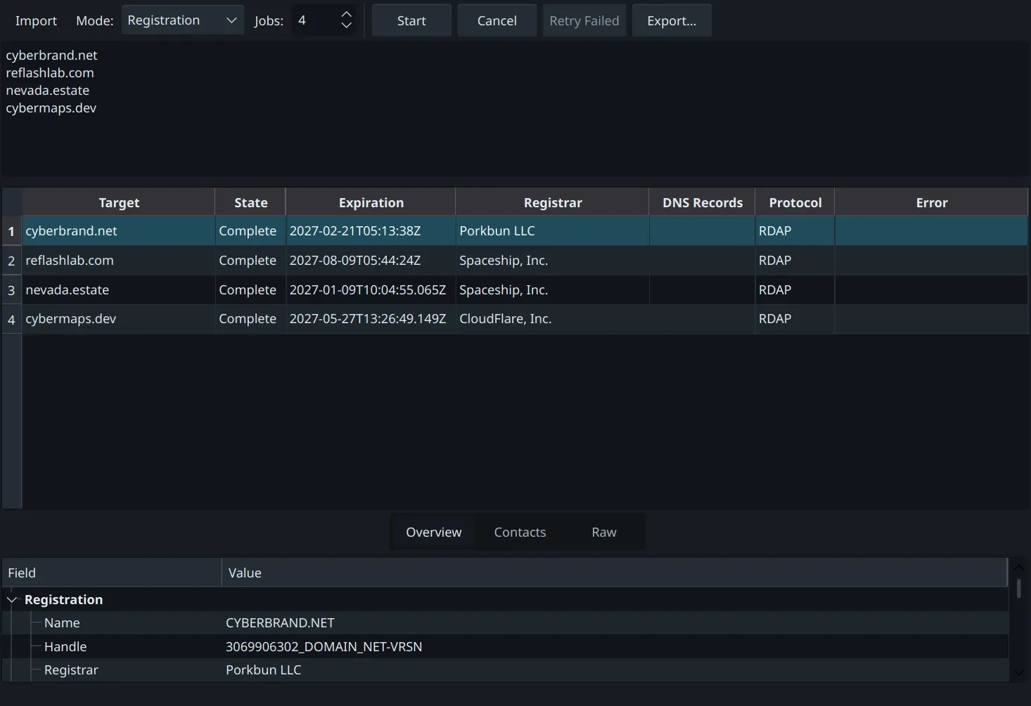 Import targets, run concurrent jobs, retry failures, and export CSV, TSV, NDJSON, or JSON.
