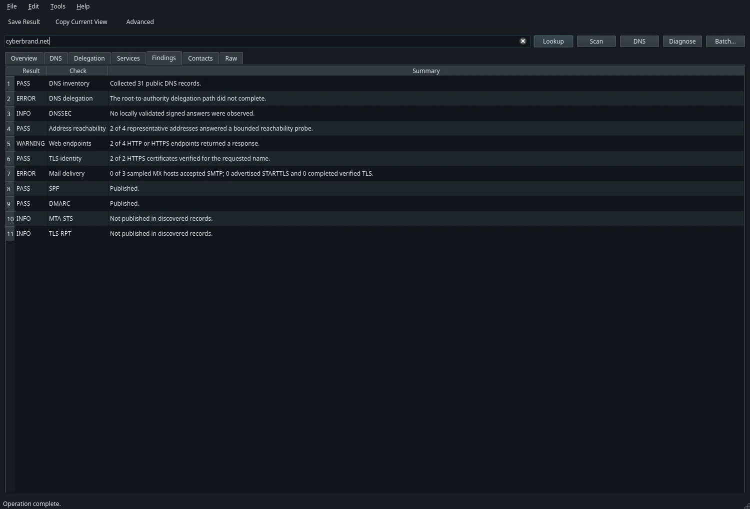Clear findings across DNS, DNSSEC, web endpoints, TLS, SMTP, SPF, DMARC, MTA-STS, and TLS-RPT.