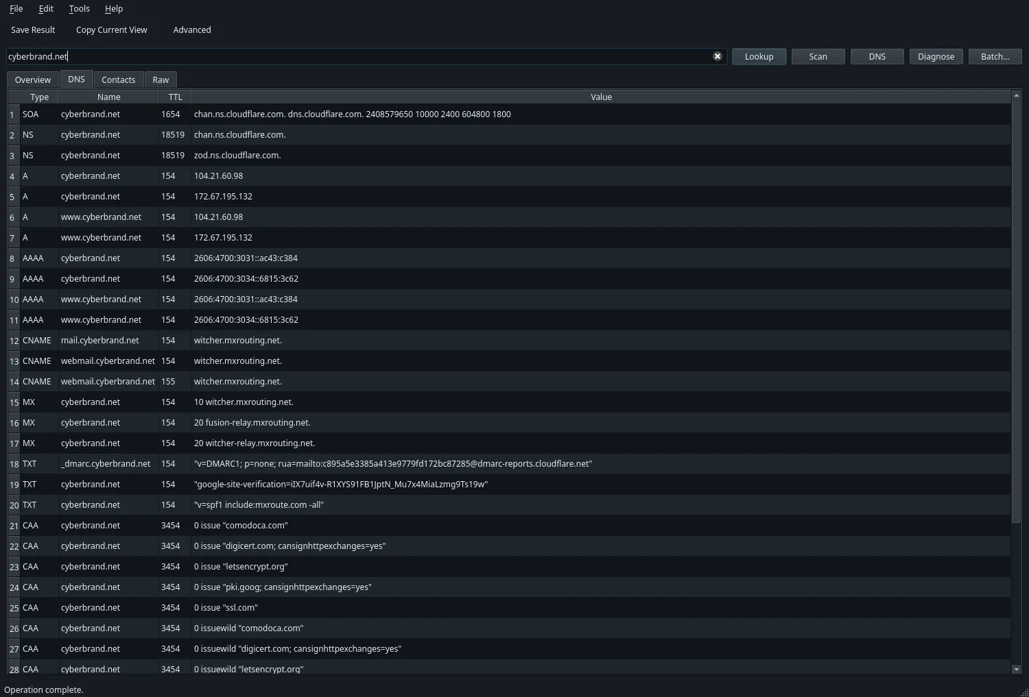 Sortable inventory of A, AAAA, MX, TXT, NS, CAA, HTTPS, SVCB, SRV, and more.