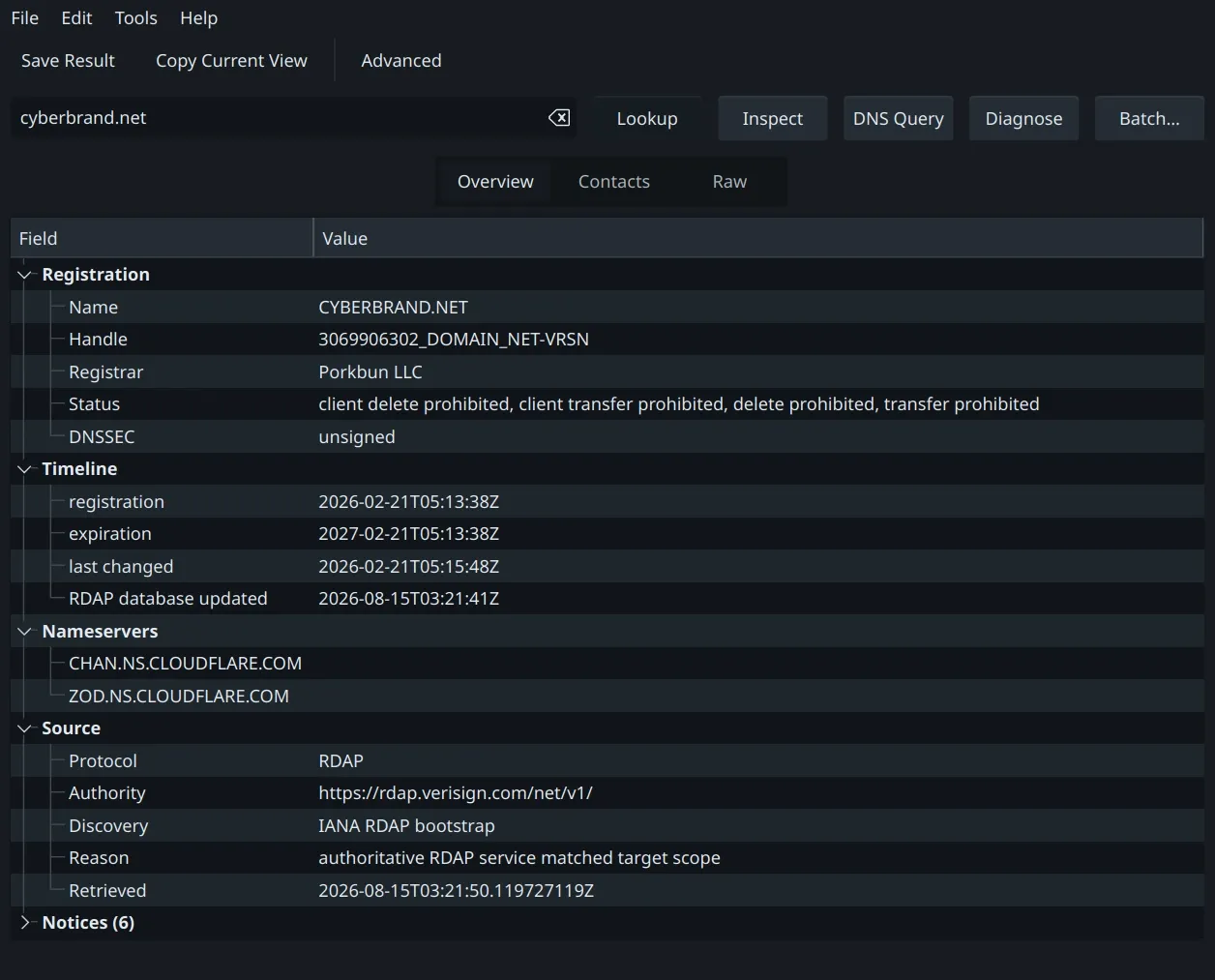 Live RDAP lookup with timeline, nameservers, and source.