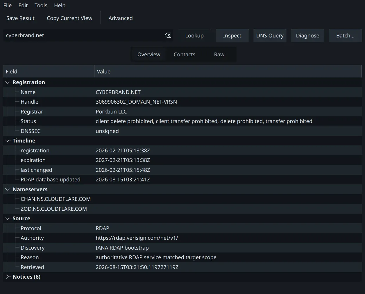 Live RDAP lookup with timeline, nameservers, and source.
